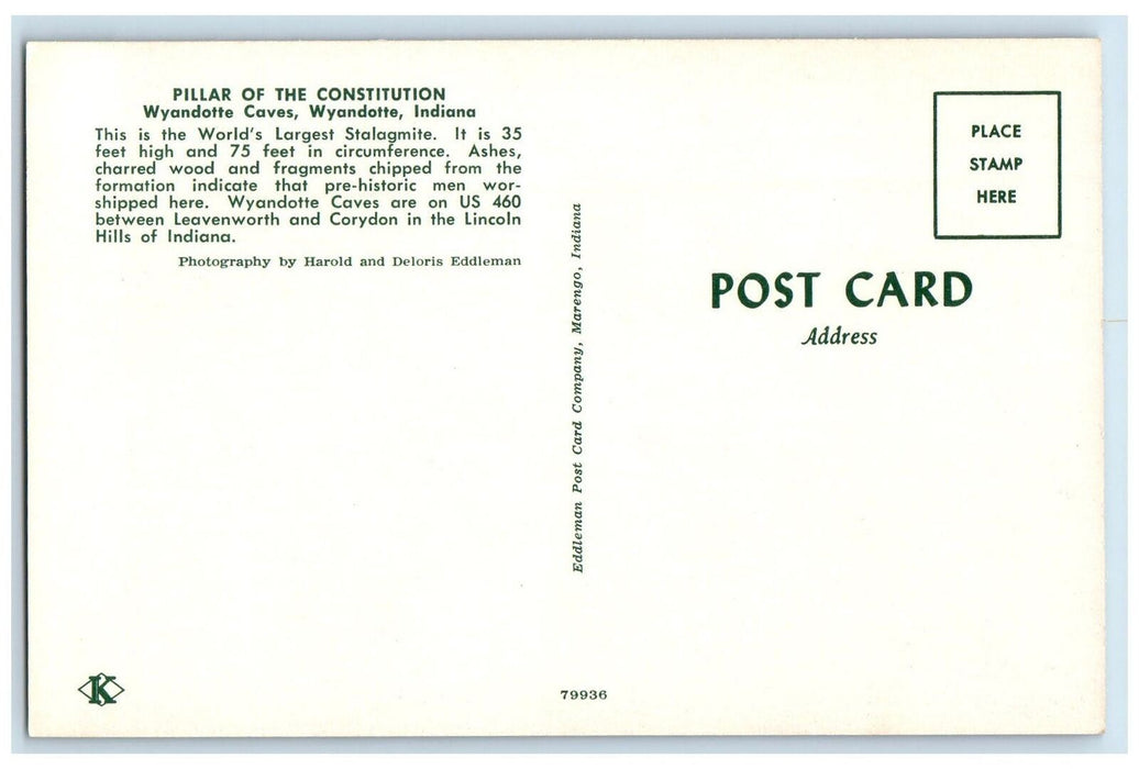 View Of Pillar Of The Constitution Wyandotte Caves Indiana IN Vintage Postcard