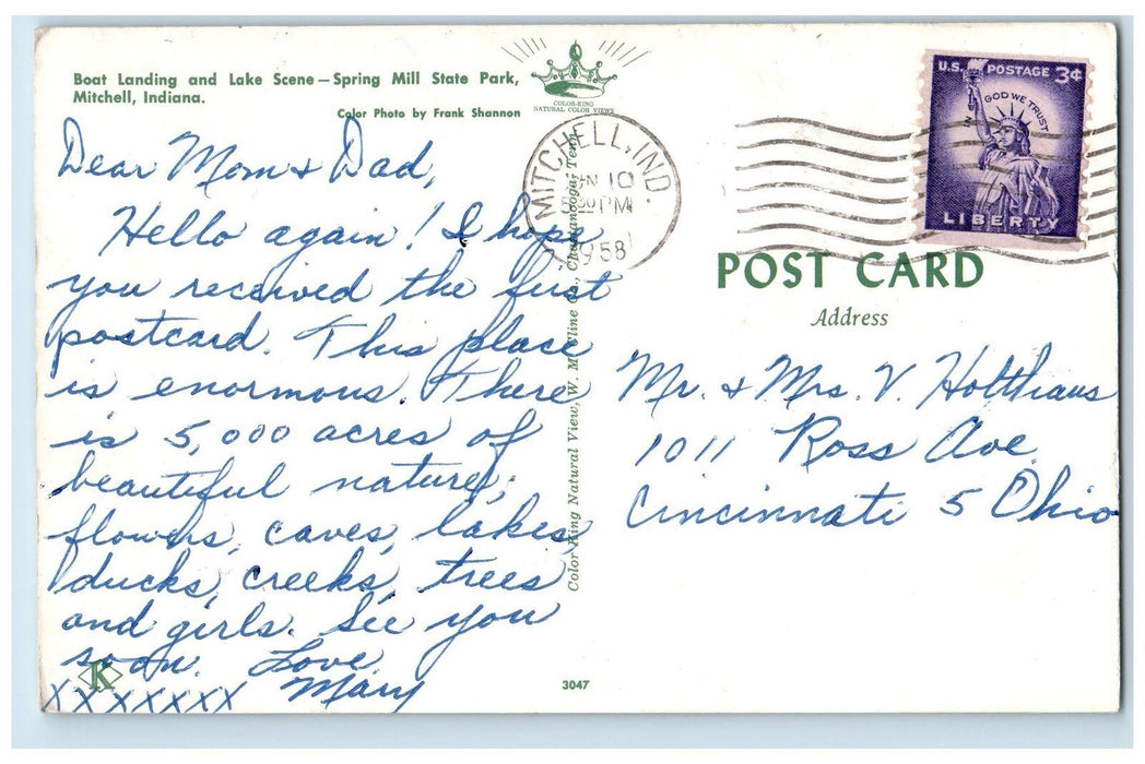 1958 Boat Landing And Lake Scene Spring Mill State Park Mitchell IN Postcard