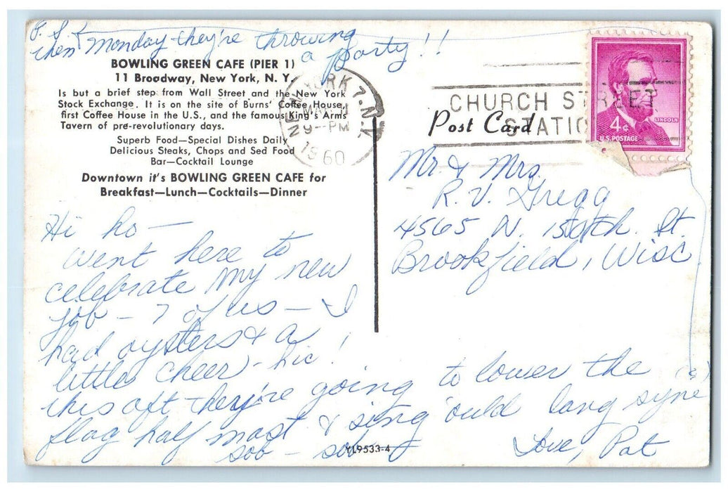 1960 Bowling Green Cafe Pier 1 Restaurant Bar Lounge Broadway New York Postcard