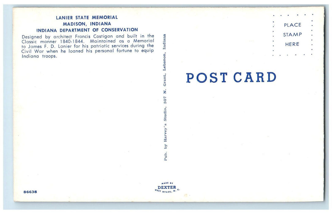 Indiana Department Of Conservation Lanier State Memorial Madison IN Postcard