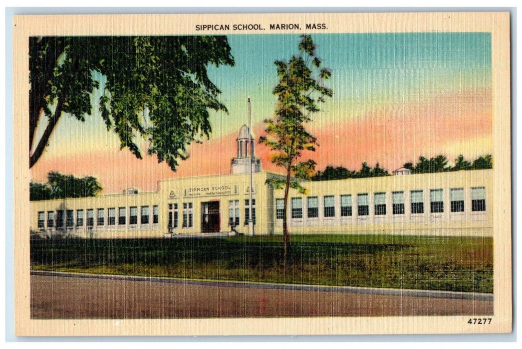 c1940's View Of Sippican School Building Street Scene Marion MA Vintage Postcard