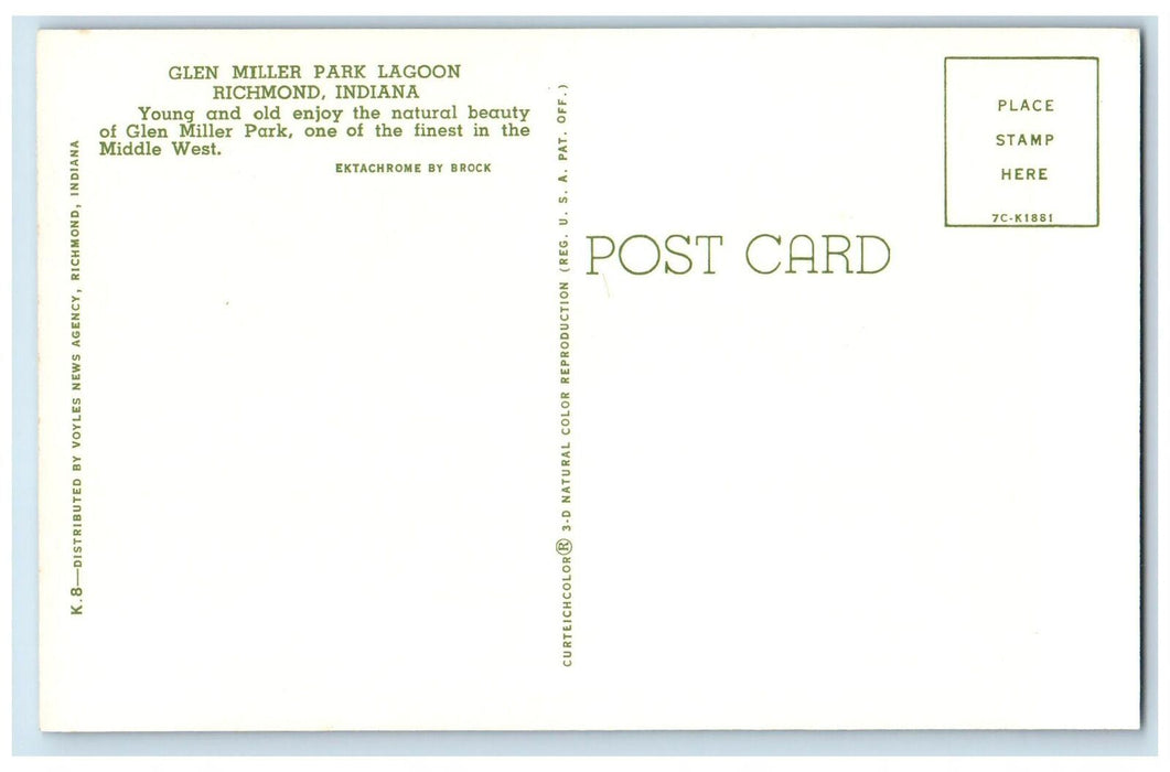 Scenic View Of Glen Miller Park Lagoon Richmond Indiana IN Vintage Postcard