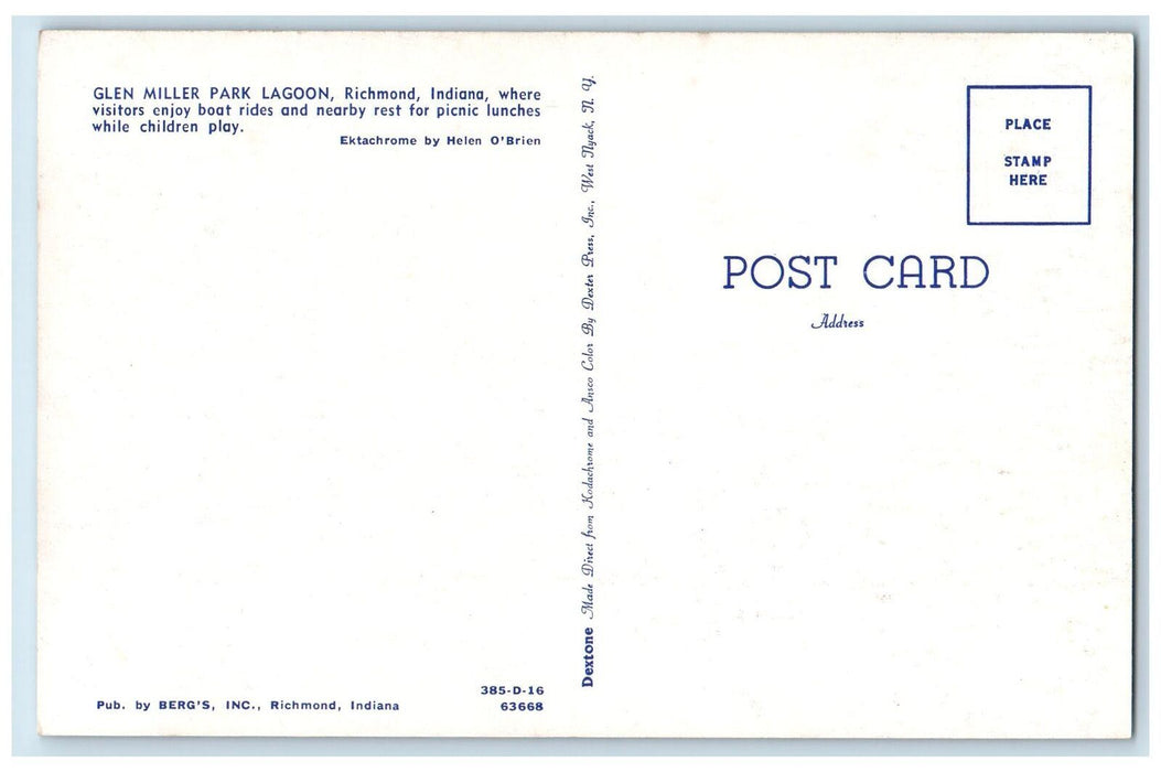 Glen Miller Park Lagoon Richmond Indiana IN, Boat Canoeing Scene Postcard