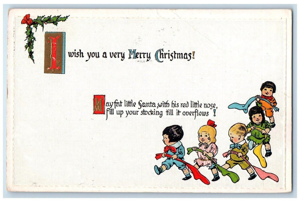 1914 Merry Christmas Children Stockings Holly Berries Gonzales CA Postcard