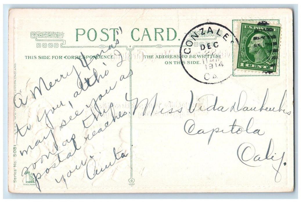 1914 Merry Christmas Children Stockings Holly Berries Gonzales CA Postcard