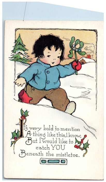 c1910's Christmas Little Boy Holding Mistletoe Winter Unposted Antique Postcard