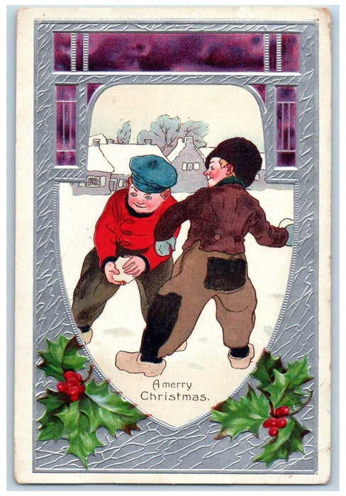 c1910's Christmas Boys Snowball Fighting Berries Embossed Antique Postcard