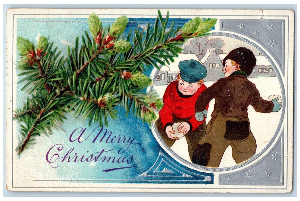 1906 Christmas Boys Snowball Fighting Pine Cone Embossed Posted Antique Postcard