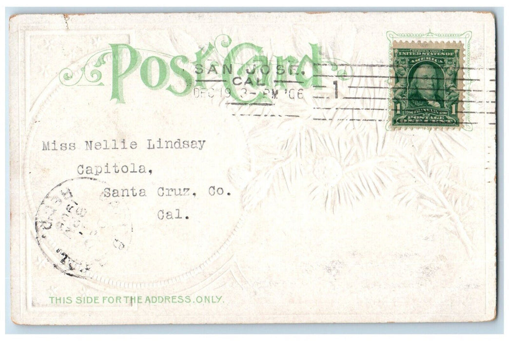 1906 Christmas Boys Snowball Fighting Pine Cone Embossed Posted Antique Postcard
