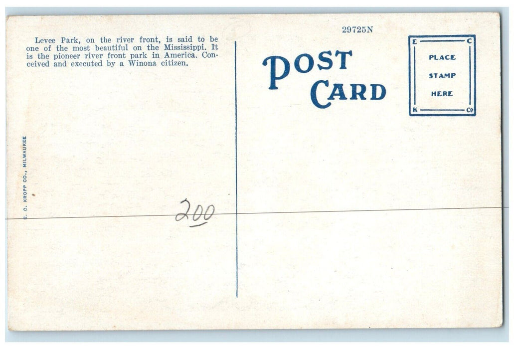 c1920 River Front Levee Park Steamer Dock Pier Winona Minnesota Vintage Postcard