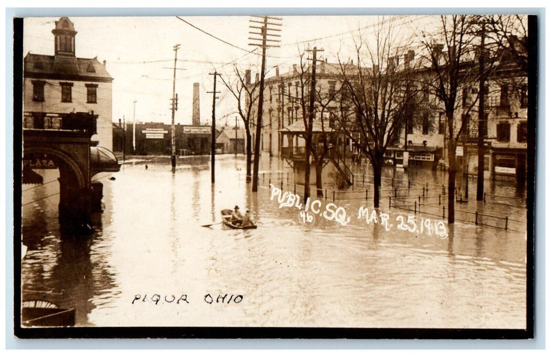 1913 Public Square Flood Disaster Rowboat Plaza Piqua OH RPPC Photo Postcard