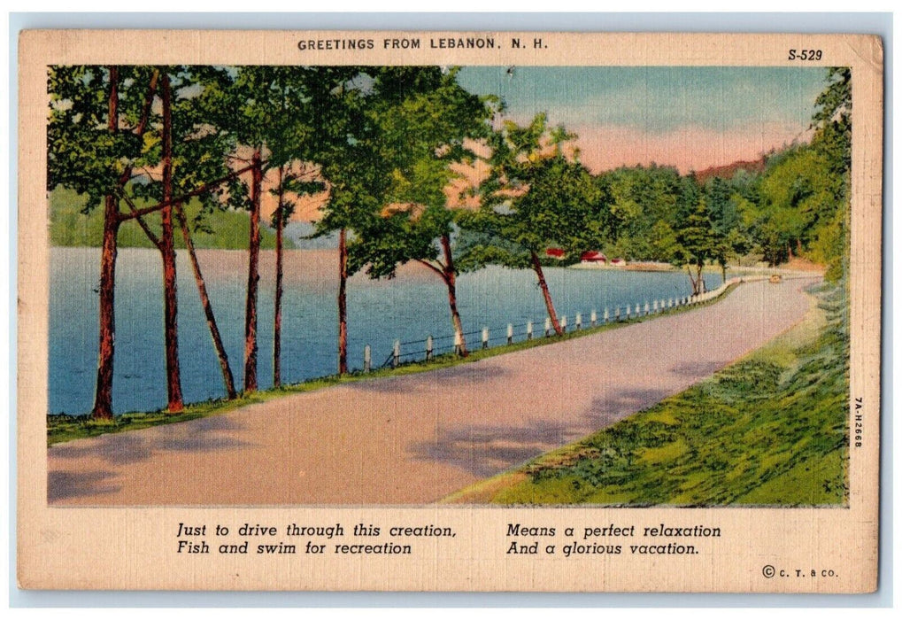 1940 Greetings From Lebanon Drive Through Creation Fish New Hampshire Postcard