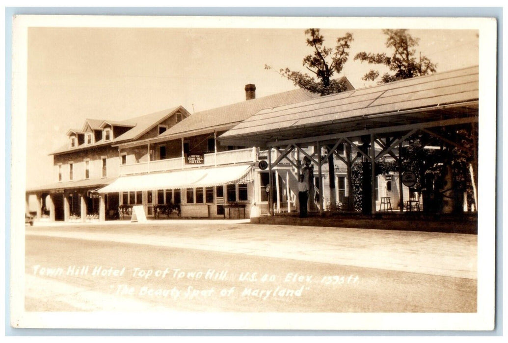 c1930's Town Hill Hotel Beauty Spot Of Maryland AAA Gasoline RPPC Photo Postcard