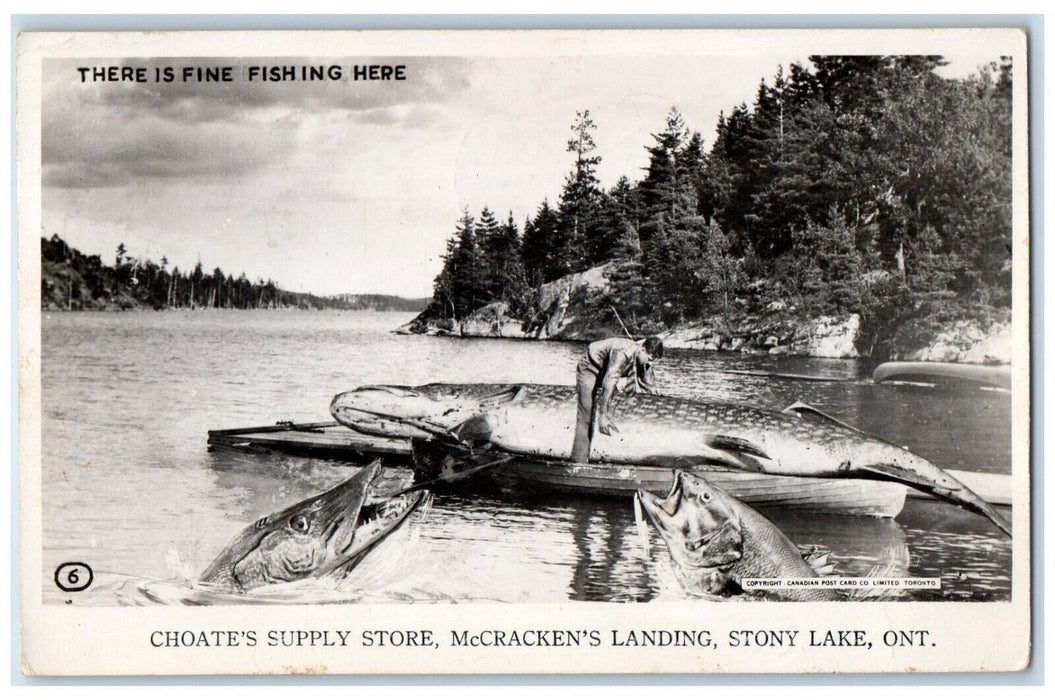 1954 Exaggerated Fish McCrackens Landing Stony Lake Fishing RPPC Photo Postcard