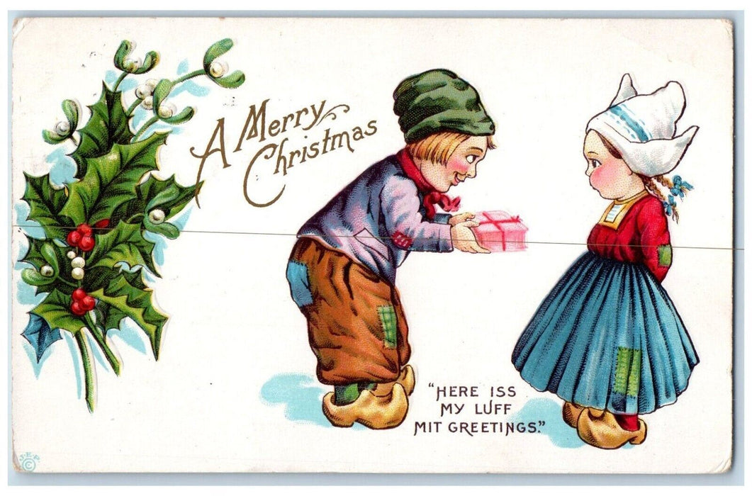 c1910s Christmas Greetings Dutch Children Giving Gift Mistletoe Berries Postcard