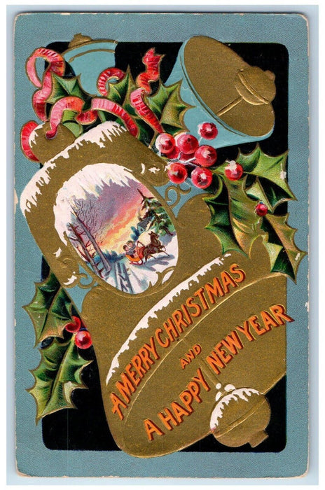 1908 Merry Christmas And Happy New Year Ringing Bells Berries Nash Postcard