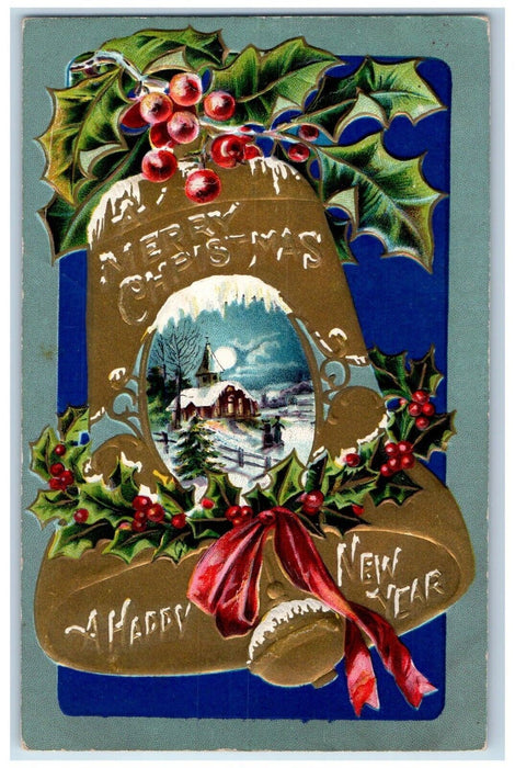 Merry Christmas And Happy New Year Ringing Bells Berries Nash Embossed Postcard