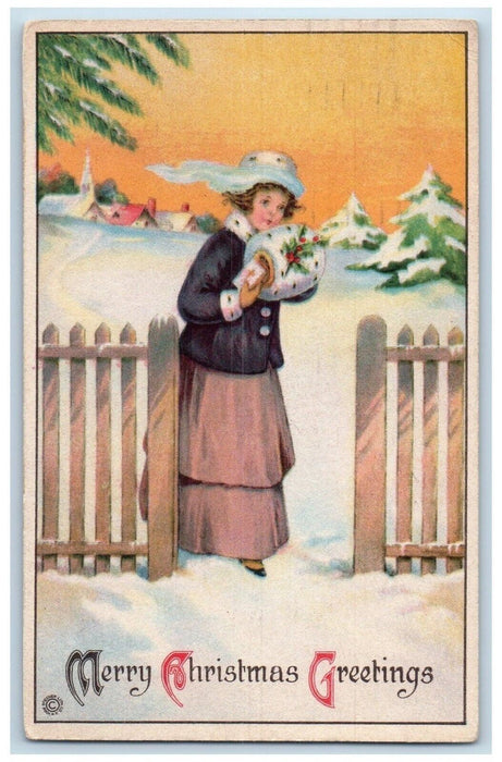 1918 Christmas Greetings Woman Handwarmer In Winter Detroit MI Antique Postcard