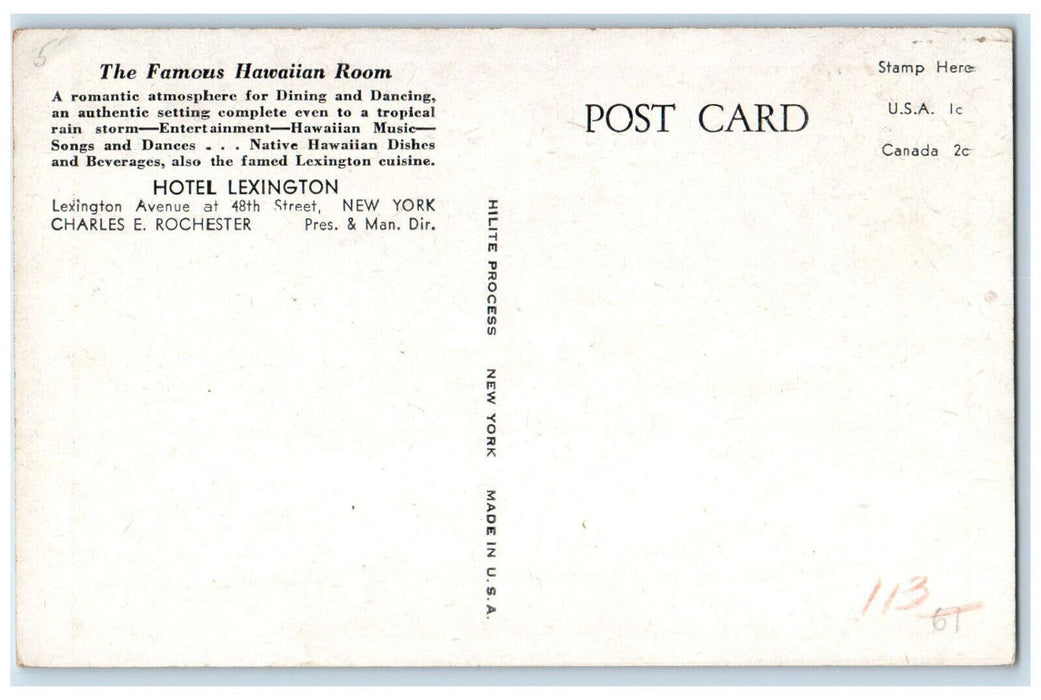 The Famous Hawaiian Room Hotel Dining And Dancing Lexington New York NY Postcard