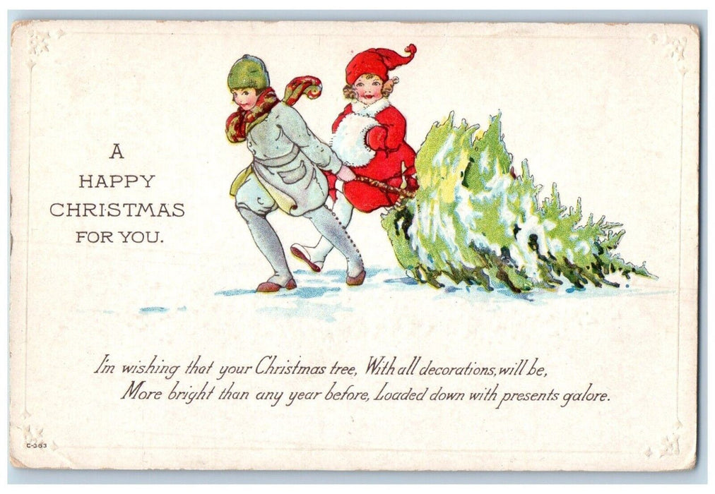 c1910's Christmas Children With Pine Trees On Winter Embossed Antique Postcard