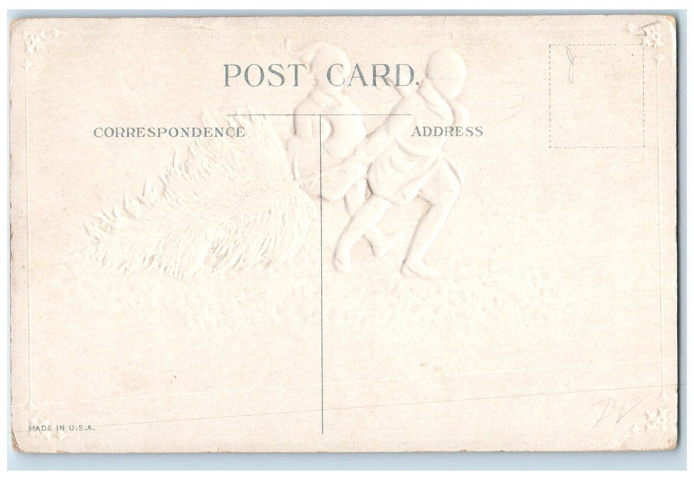 c1910's Christmas Children With Pine Trees On Winter Embossed Antique Postcard