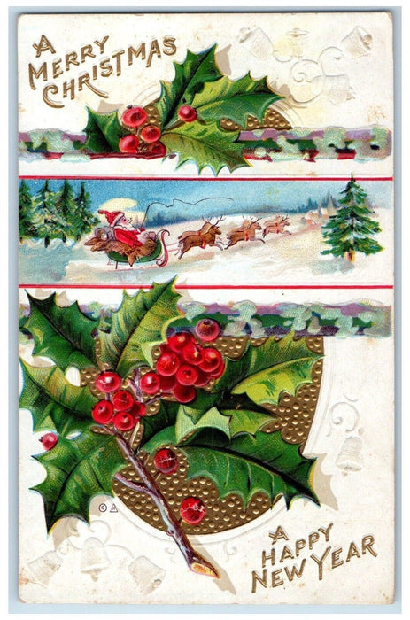 c1910's Christmas New Year Santa Claus Deer Sleigh Holly Berries Nash Postcard