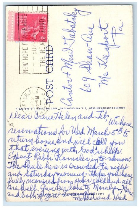 1952 New Jewish Community Center Car-lined Miami Beach Florida FL Postcard
