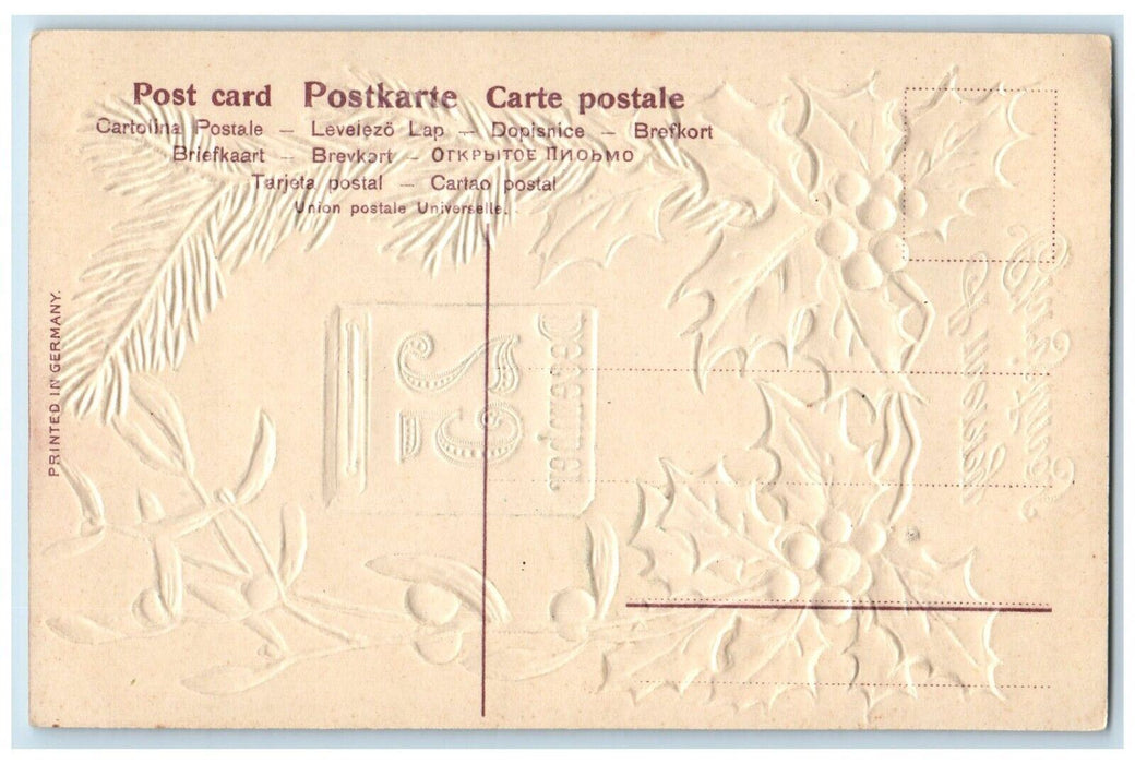 c1910's Merry Christmas Calendar Holly Berries Embossed Antique Postcard