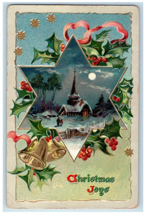 1909 Christmas Stars Ringing Bells Berries Church Tucks Columbus OH Postcard
