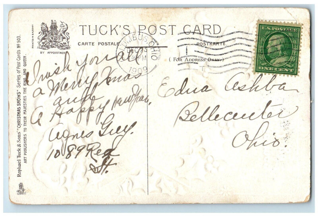 1909 Christmas Stars Ringing Bells Berries Church Tucks Columbus OH Postcard