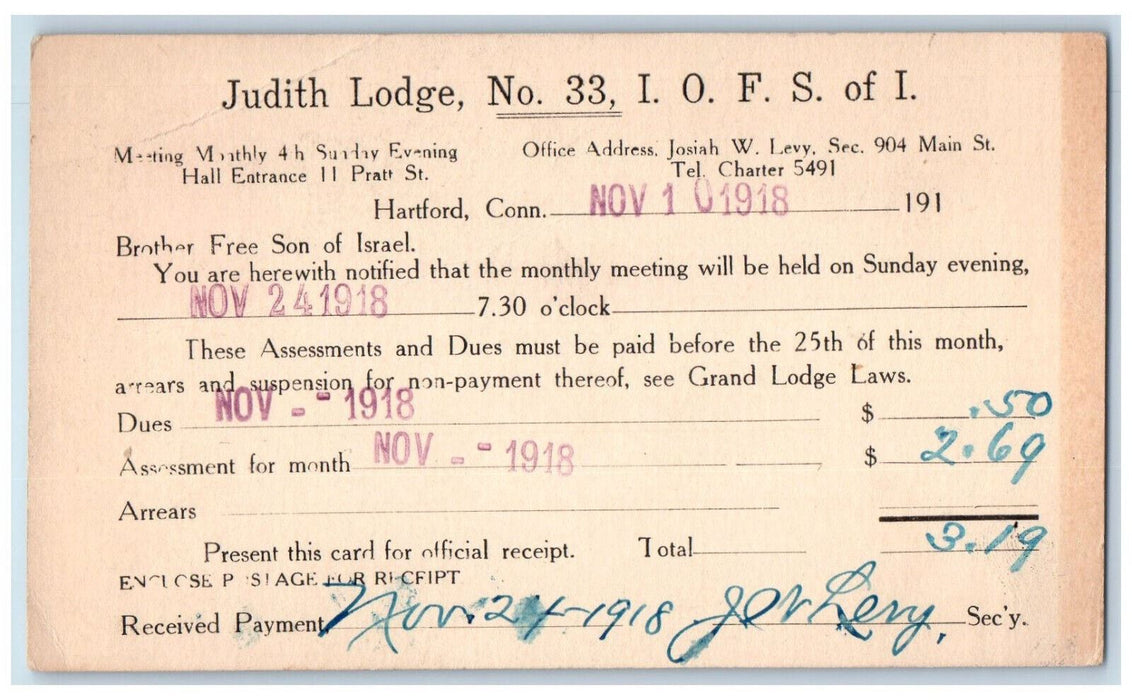 1918 Judith Lodge Official Receipt Hartford Connecticut CT Antique Postcard