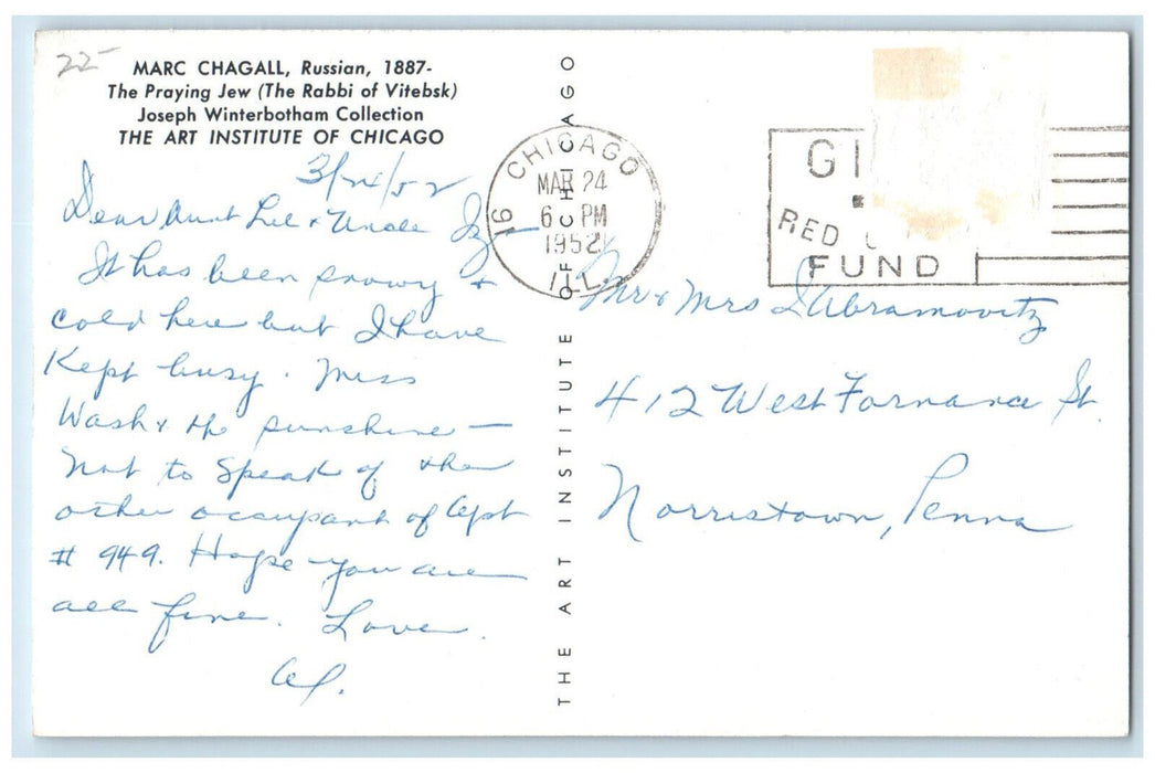 1952 Marc Chagall Russian The Praying Jew Chicago Illinois IL Vintage Postcard