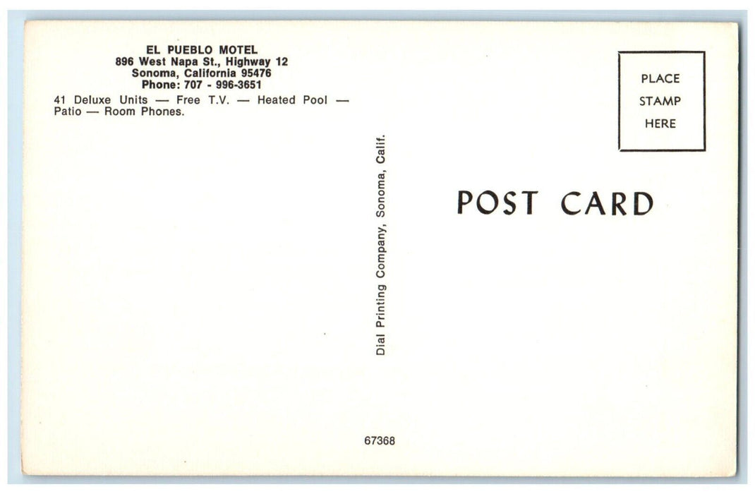 c1960 El Pueblo Motel West Napa St Highway Exterior Sonoma California Postcard
