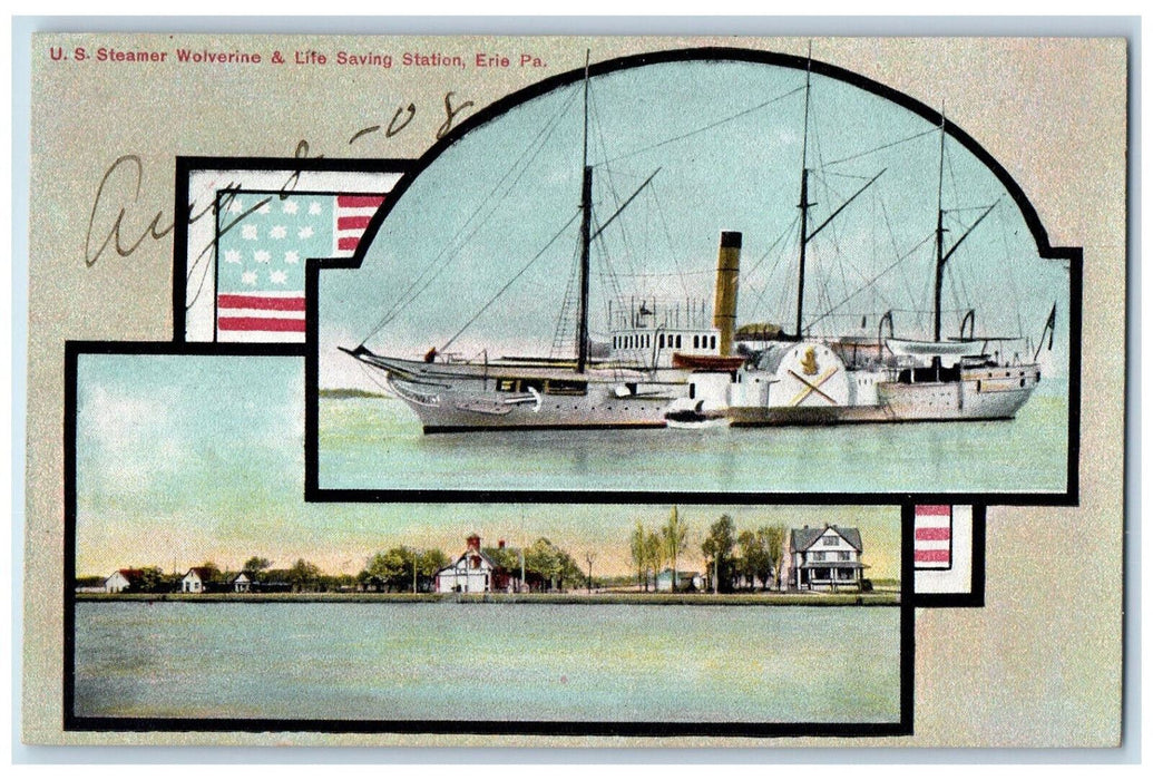 U.S Steamer Ship Wolverine & Life Saving Station Erie Pennsylvania PA Postcard