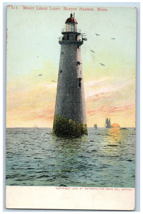 Minot Ledge Lighthouse Boston Harbor Massachusetts MA Antique Unposted Postcard