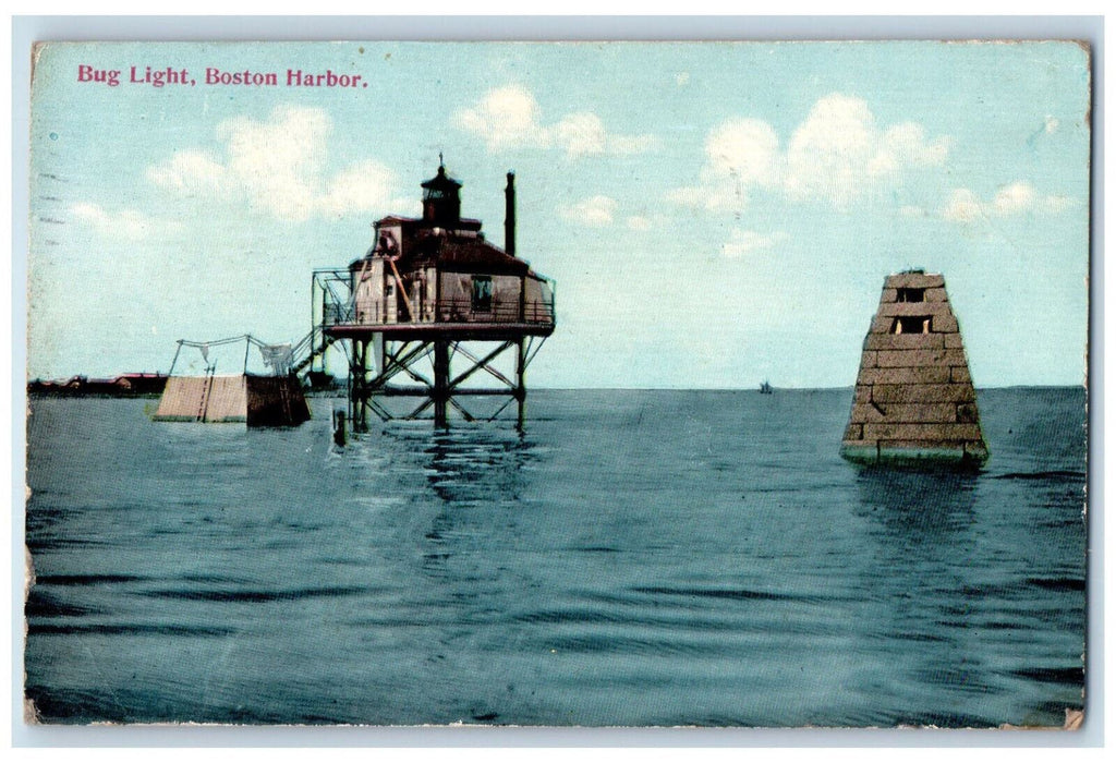 1911 Bug Lighthouse Boston Harbor Newton Massachusetts MA Antique Postcard