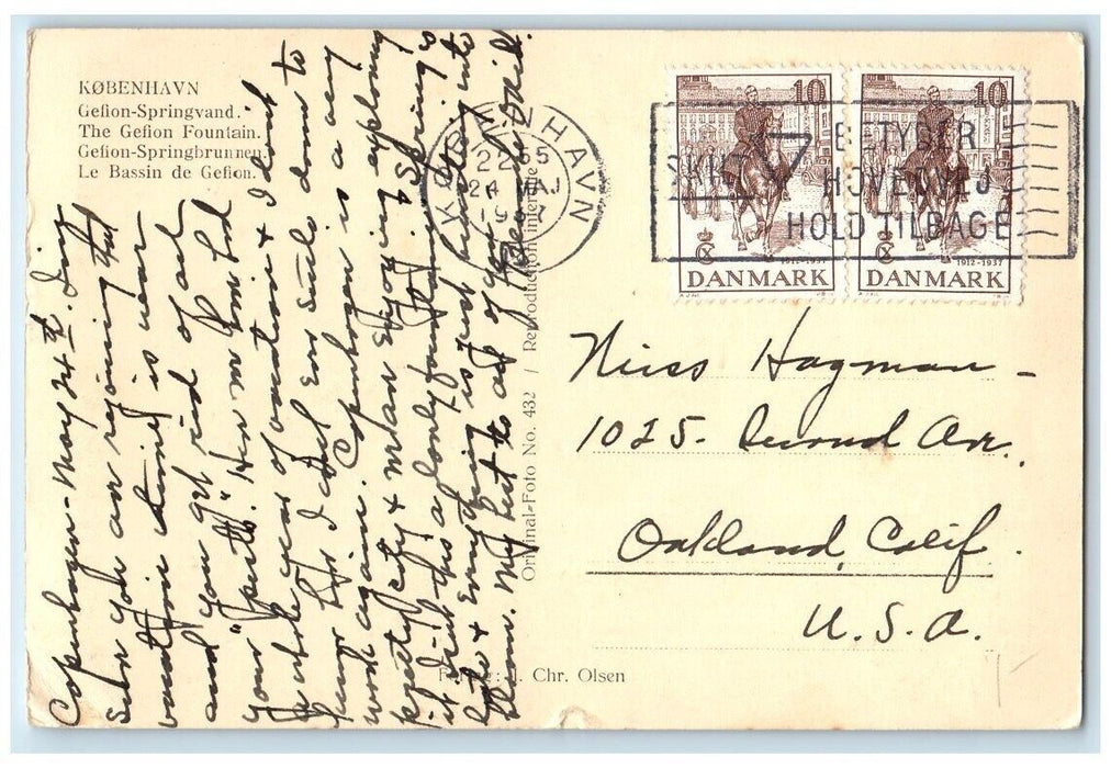 1937 The Geflion Fountain View Copenhagen Denmark RPPC Photo Posted Postcard