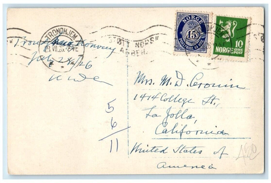 1926 Panorama View Of Trondheim Fjord Norway RPPC Photo Posted Postcard