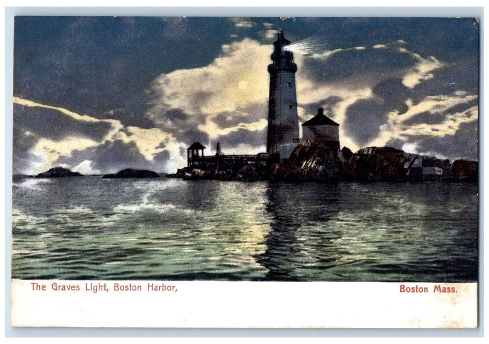 The Graves Light House Moon Boston Harbor Massachusetts MA Antique Postcard