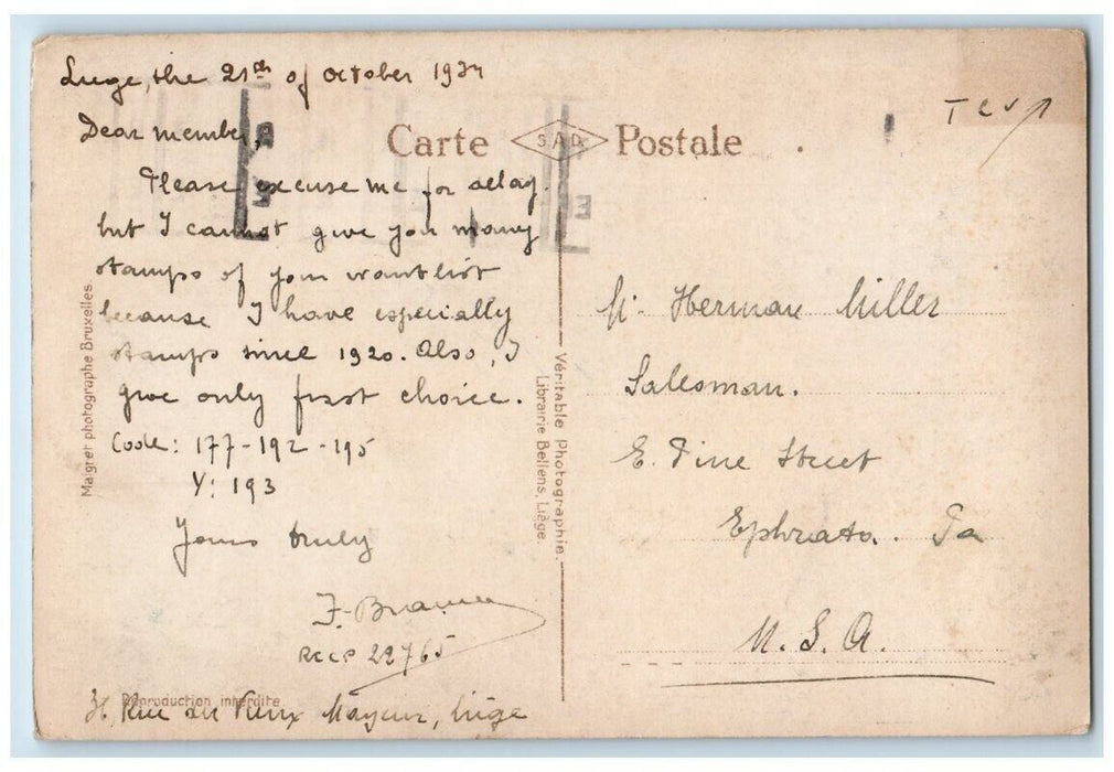 1924 St. Leonard Prison View Liege Belgium RPPC Photo Posted Postcard