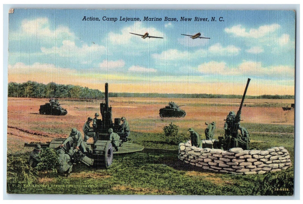 1944 Action Camp Lejeune Marine Base New River North Carolina NC Postcard