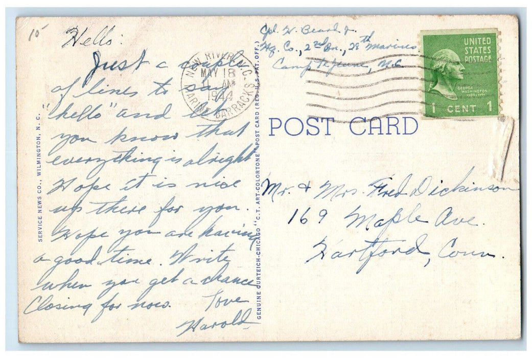 1944 Action Camp Lejeune Marine Base New River North Carolina NC Postcard