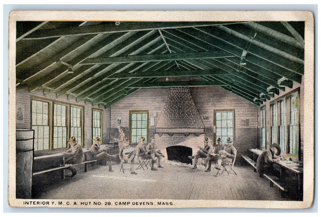 Interior Y.M.C.A Hut No. 28 Camp Devens Massachusetts MA Antique Postcard
