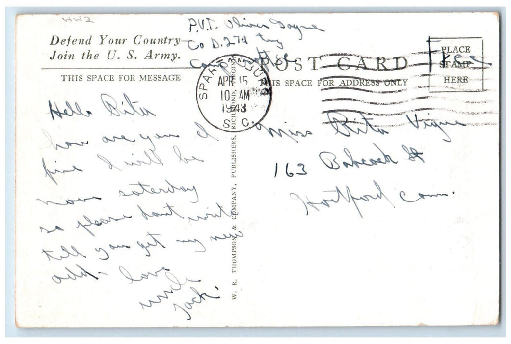 1943 Infantry Guards The Roads Spartanburg South Carolina SC WW2 Postcard