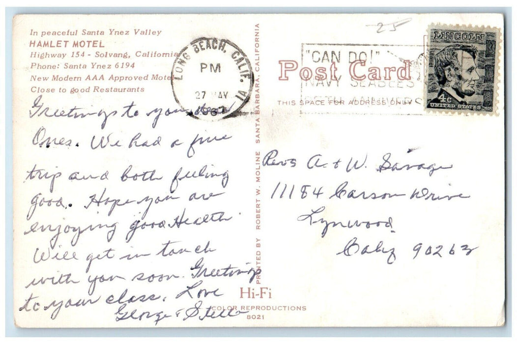 1967 Santa Ynez Valley Hamlet Motel Highway Exterior Solvang California Postcard