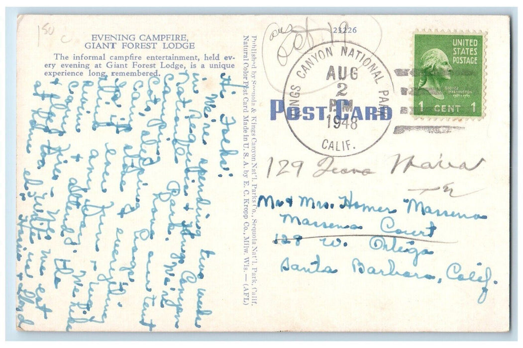 1948 Evening Campfire Giant Forest Lodge Entertainment Night California Postcard