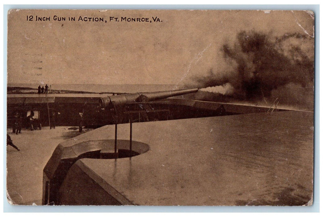 1911 View Of 12 Inch Gun In Action Ft. Monroe Virginia VA Antique Postcard