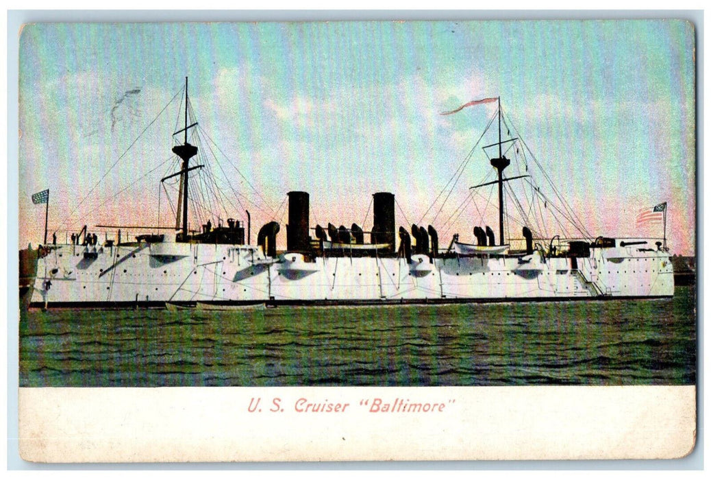 View Of U.S Cruiser Baltimore Warship American Flag Antique Unposted Postcard