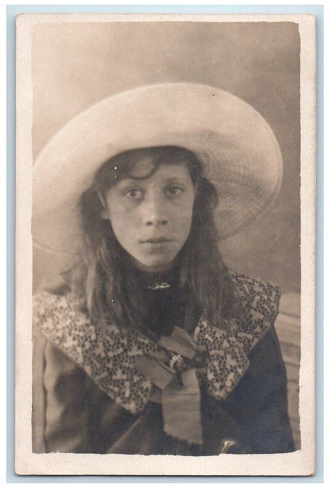 c1920's Young Woman Studio Portrait Hat Eastboune England RPPC Photo Postcard