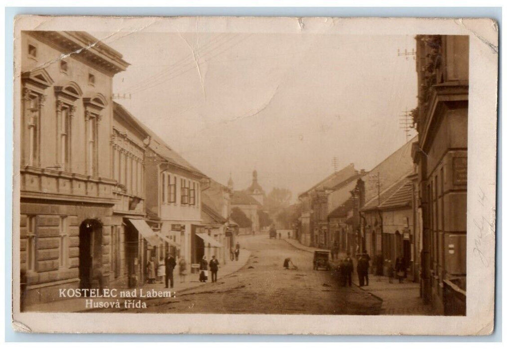 1929 Kostelec Street View Roudnice nad Labem Czech Republic RPPC Photo Postcard